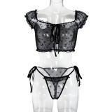 Women Ruffle Edge See-Through Bow Off Shoulder Sexy Lingerie Set