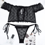 Women Ruffle Edge See-Through Bow Off Shoulder Sexy Lingerie Set