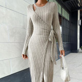 Women Solid Round Neck lace-up elegant knitting dress