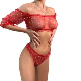 Women Ruffle Edge See-Through Bow Off Shoulder Half-Sleeve Sexy Lingerie Two-piece Set