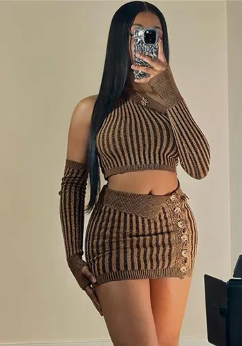Spring Women's Fashionable Sexy Knitting Tops High Waist Bodycon Skirt Two Piece Set For Women