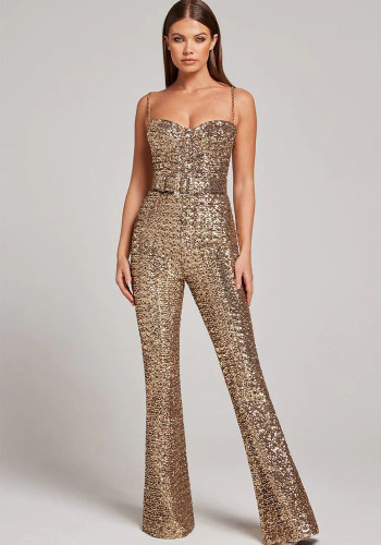 Spring And Winter Fashion Sexy Chain Belt Sequin Jumpsuit