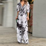 Summer Women's Fashionable And Elegant Print Bat Sleeves Slim Waist V-Neck Jumpsuit