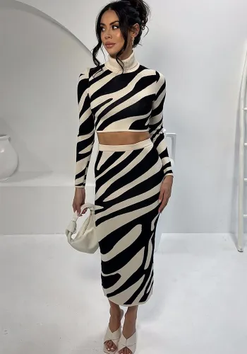 Women's Spring Chic High Neck Short Crop Top Striped Slim Bodycon Skirt Knitting Set