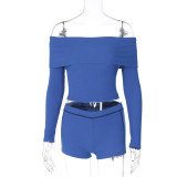 Women's Spring And Winter Sexy Off-The-Shoulder Turndown Collar Long-Sleeved Top And Shorts Two-Piece Set