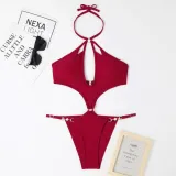 One-Piece Hollow Sexy Pearl Chain Halter Neck Triangle Sexy Swimsuit For Women