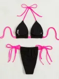 Sexy Halter Neck Lace-Up Two Pieces Swimsuit Women's Solid Color High Waist Triangle Bikini Swimwear