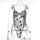 Sexy Lingerie Erotic Women's Straps One-Piece Embroidered Mesh See-Through Bodysuit