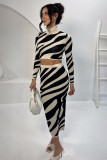 Women's Spring Chic High Neck Short Crop Top Striped Slim Bodycon Skirt Knitting Set