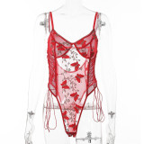 Sexy Lingerie Erotic Women's Straps One-Piece Embroidered Mesh See-Through Bodysuit