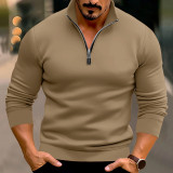 Spring And Winter Men's Casual Solid Color Long-Sleeved Zip Stand Collar T-Shirt Tops For Men