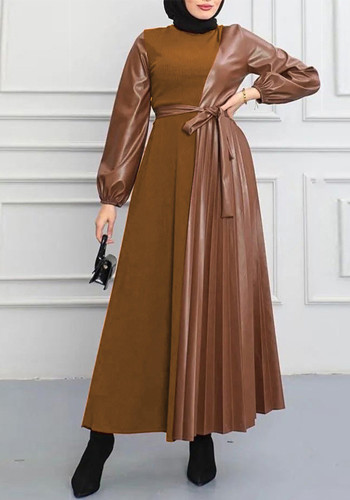 Muslim Solid Color Pleated Long Patchwork Fashionable Elegant Women's Dress
