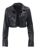 Women's Winter Turndown Collar Crop Pu Leather Jacket