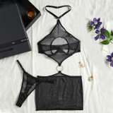 Women's See-Through Hollow Mesh Halter Neck Low Back Sexy Lingerie Two-Piece Set