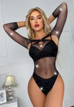 Women's Beaded Long Sleeve Sexy Lingerie See Through Net Bodysuit Top