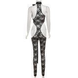 Spring Women's Sexy See-Through Lace Hollow Sleeveless Tight Fitting Jumpsuit