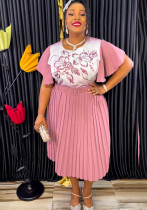 African Women's Printed Mother Of The Bride Dress Plus Size Pleated Dress With Belt