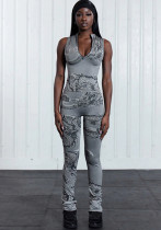Women's Style Dragon Print Fashion Zip Sleeveless Vest Trousers Casual Two Piece Pants Set
