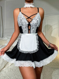 Sexy Lace Deep V Lace-Up Seductive Maid Uniform Cosplay Lingerie For Women