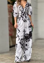 Summer Women's Fashionable And Elegant Print Bat Sleeves Slim Waist V-Neck Jumpsuit