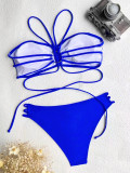 Women Low Back Lace-Up Bikini Solid Color Two Piece Sexy Swimsuit