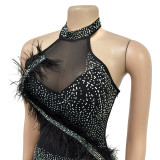 Fashion Women's Solid Color Mesh Beaded Feather Club Dress