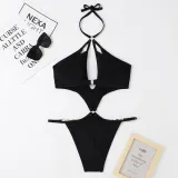 One-Piece Hollow Sexy Pearl Chain Halter Neck Triangle Sexy Swimsuit For Women