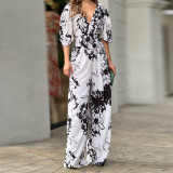 Summer Women's Fashionable And Elegant Print Bat Sleeves Slim Waist V-Neck Jumpsuit