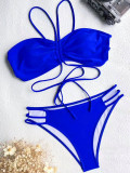 Women Low Back Lace-Up Bikini Solid Color Two Piece Sexy Swimsuit