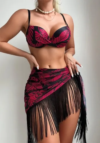 Sexy Printed Bikini Fringe Skirt Three-Piece Sexy Swimsuit