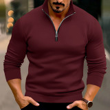 Spring And Winter Men's Casual Solid Color Long-Sleeved Zip Stand Collar T-Shirt Tops For Men