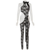 Spring Women's Sexy See-Through Lace Hollow Sleeveless Tight Fitting Jumpsuit