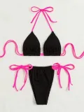 Sexy Halter Neck Lace-Up Two Pieces Swimsuit Women's Solid Color High Waist Triangle Bikini Swimwear