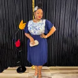 African Women's Printed Mother Of The Bride Dress Plus Size Pleated Dress With Belt