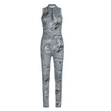 Women's Style Dragon Print Fashion Zip Sleeveless Vest Trousers Casual Two Piece Pants Set