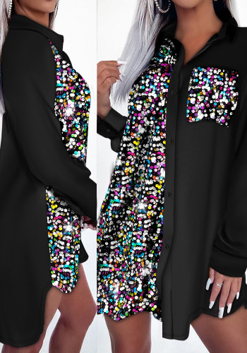 Women Sequin Button Leopard Print Dress