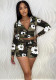 Women Clothing Trendy Print Long Sleeve Hooded Drawstring Top and Shorts Two-piece Set