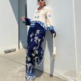 Women Print Loose long-sleeved top and wide-leg pants two-piece set