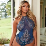 Women Sexy See-Through Patterned Belly One-piece Sexy Lingerie Two-piece Set