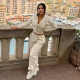 Women Solid Patchwork Ribbed Hooded Zipper Pocket Loose Jacket and Pants Two-piece Set