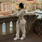 Women Solid Patchwork Ribbed Hooded Zipper Pocket Loose Jacket and Pants Two-piece Set