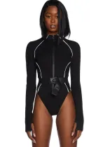 Women Autumn Solid Round Neck Long Sleeve Reflective Strip Bodysuit