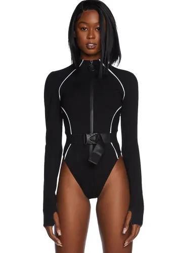 Women Autumn Solid Round Neck Long Sleeve Reflective Strip Bodysuit