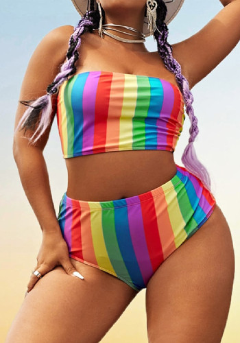Plus Size Women Rainbow Stripe Print Two Pieces Swimwear