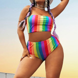 Plus Size Women Rainbow Stripe Print Two Pieces Swimwear