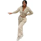 Women Solid Patchwork Ribbed Hooded Zipper Pocket Loose Jacket and Pants Two-piece Set