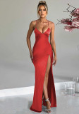 Women Solid Sexy V-Neck Slit Maxi Strap Dress