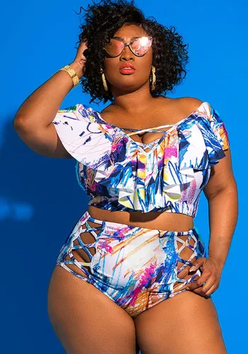 Plus Size Women Off Shoulder Print Two Pieces Swimwear