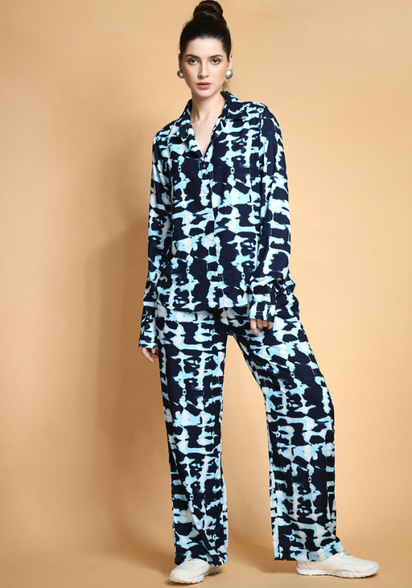 Women Tie Dye Printed Long Sleeve Shirt and Pant Two Piece Set