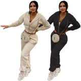 Women Solid Patchwork Ribbed Hooded Zipper Pocket Loose Jacket and Pants Two-piece Set